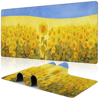 Field of Sunflowers Desk Mat,Large Sunflower Oil Painting Gaming Keyboard Mouse Pad,Non-Slip Rubber Base Desk Pad Thick Stitched Edges Waterproof Mousepad Mouse Mat 31.5"x11.8" - color: Field of Sunflowers
