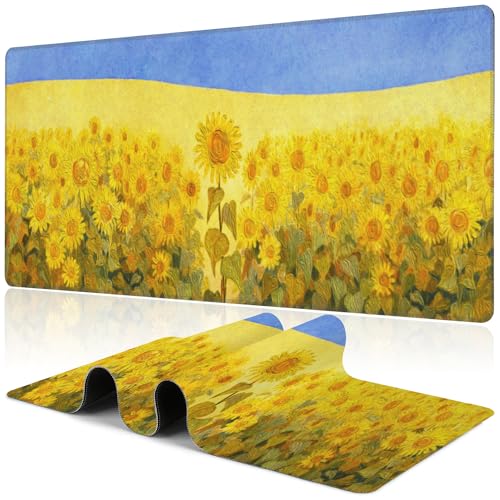 Field of Sunflowers Desk Mat,Large Sunflower Oil Painting Gaming Keyboard Mouse Pad,Non-Slip Rubber Base Desk Pad Thick Stitched Edges Waterproof Mousepad Mouse Mat 31.5"x11.8" - color: Field of Sunflowers
