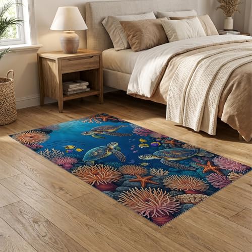5'x7' Washable Graphic Turtle Area Rug, Teal Non-Shedding Pet Friendly Carpet for Small Living Room, Playroom, Bedroom, Easy Care Kids Safe Mat | Ref:1955521 - color: Blue/Pattern 24, size: 5' x 7' (Rectangular)