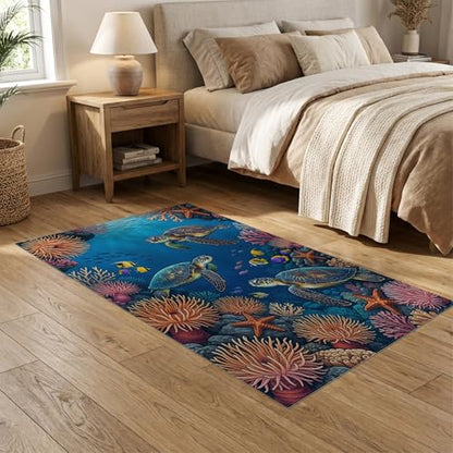 5'x7' Washable Graphic Turtle Area Rug, Teal Non-Shedding Pet Friendly Carpet for Small Living Room, Playroom, Bedroom, Easy Care Kids Safe Mat | Ref:1955521 - color: Blue/Pattern 24, size: 5' x 7' (Rectangular)