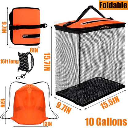 Cedilis Large Floating Fishing Basket for Live Caught Fish, Foldable Floating Fish Net Cage, Collapsible Nylon Mesh Fishing Bag Bait Pen, Portable,10 Gallons, Easy to Clean