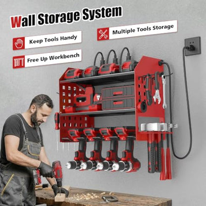 SUNALLY Power Tool Organizer Wall Mount with Charging Station,3 Layer, Red - style: 4 Drill Holders F