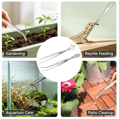 2 PCS Stainless Steel Garden Tweezers Set 2-in-1 Long Plant Tweezers Gardening Tools with 8.9" Curved Tine & 8.7" Straight Rake for Plants, Lawn, Bonsai, Succulents