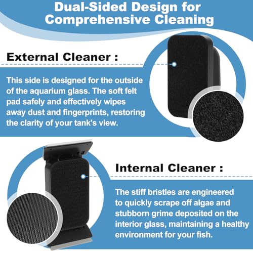 fishkeeper Magnetic Aquarium Glass Cleaner, Dual-Blades Algae Fish Tank Glass Cleaner Brush for 0.2-0.4 Inch Thick Glass Aquariums Tank, Self-Floating Scrubber Brush with 4 Detachable Scraper