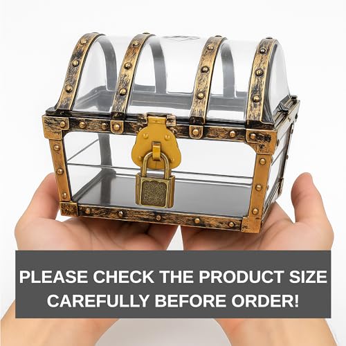 Treasure Chest Box, Small Pirate Treasure Case with Lock and Key, Transparent Jewelry Storage Container Display Toy Candy Seashell Gemstone Crystal Keepsake Gift, Retro Nautical Home Decor 5''x4.5''