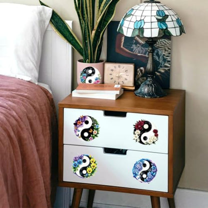 Peacoblue 18 Sheets Rub on Transfers for Crafts, Yin Yang with Sunflower and Daisy 3.6"x3.9" UV DTF Cup Wraps Waterproof Cold Transfers Stickers for Wood Glass Cup Tumblers Mirrors Mugs Home Decor - style: Yin Yang with Sunflower and Daisy