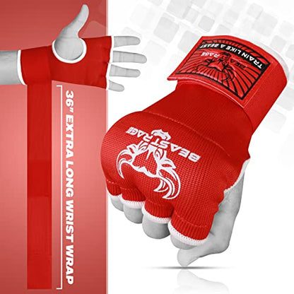 BEAST RAGE Inner Gloves with Hand Wraps Quick Wrap Long 36" Wrist Support MMA Muay Thai Bandages Punching Martial Arts Training Men Women Kickboxing Bandages Under Bag Gloves - color: Red Rage, size: M (Adult)