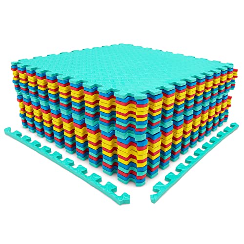 Tangkula 24 Tiles Exercise Flooring With Border, Non-Slip EVA Foam Protective Mats, Elastic Puzzle Play, 1/2" Interlocking Floor for Home Gym, Fitness Room, Workshop Equipment - size: 24 Tiles(104 SqFt)