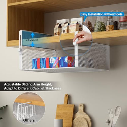 2Pack Under Shelf Basket Organizer,Adjustable Hanging Holder for Cabinet Pantry Kitchen Cupboard Desk Counter Bookshelf Organization Add-on Space Saver Heavy Duty Slide-in (White, Large)