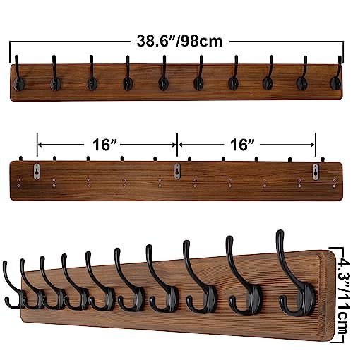 SKOLOO Rustic Wall Mounted Coat Rack, 10 Hooks, 38", Solid Wood, Brown - color: Wood Brown & Black, size: 38 inch