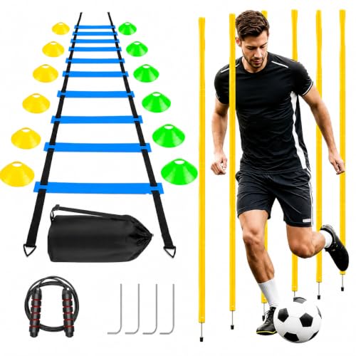 20Ft Agility Ladder Training Equipment for Soccer 12 Cones, Solo Soccer Trainer, Jump Rope Speed Football Gifts for boy - color: Blue