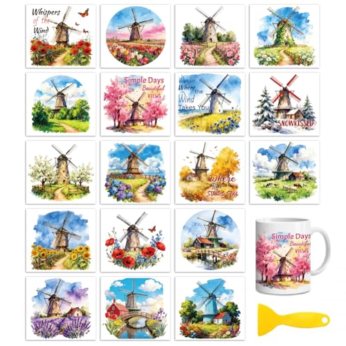 Peacoblue 18 Sheets Rub on Transfers for Crafts, Dutch Windmills and Scenery 3.6"x3.9" UV DTF Cup Wraps Waterproof Rub on Cold Transfers Stickers for Wood Glass Metal Cup Tumblers Mirrors Mugs Decor - style: Dutch Windmills and Scenery