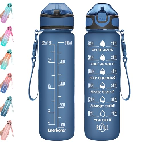 Enerbone 32 oz Water Bottle with Times to Drink and Straw, Motivational Drinking Water Bottles with Carrying Strap, Leakproof BPA & Toxic Free, Ensure You Drink Enough Water for Fitness Gym Outdoor - color: Sapphire