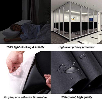Total Blackout Window Film 100% Light Blocking Non Adhesive No Residue Removable Opaque Static Cling Privacy Glass Tint for Home Bedroom Darkening Heat Control (17.5 in x 13.1 Ft) - color: Black, size: 17.5 Inch x 13.1 Feet