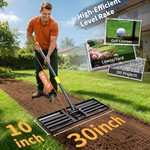 Lawn Leveling Rake, 5 FT Yard Leveler with 30 x 10 Wide Large Rakes Head for Smooth Garss Soil Sand Dirt, High Effect Ground Leveling Tool with Round Edge for Landscape Golf Course, No Flip - style: 5 FT