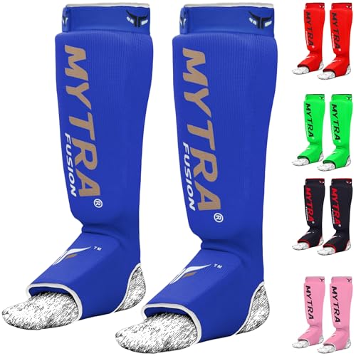 Mytra Fusion Shin Pads Instep Protector Kick Boxing Muay Thai Training Elasticated shin Guards - color: Blue, size: Small-Medium