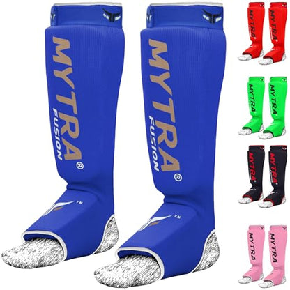 Mytra Fusion Shin Pads Instep Protector Kick Boxing Muay Thai Training Elasticated shin Guards - color: Blue, size: Small-Medium