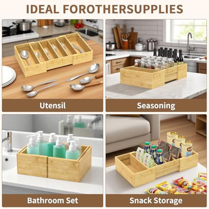 Lid Organizer for Cabinet, Bamboo Expandable Kitchen Organizer with 3 Adjustable Dividers for Plastic Lids, Large Food Storage Container Lid Holder for Drawer, Countertop, Pantry