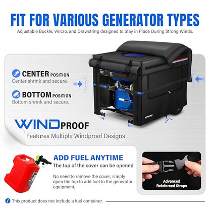 28x28x26 Inch Generator Cover. Available in 25/27/28/30/32/38 Inches. 900D Heavy-Duty Oxford Fabric with Advanced Windproof Buckles.Open top to add fuel. Suitable for Most 7000-10000W Generator.Black