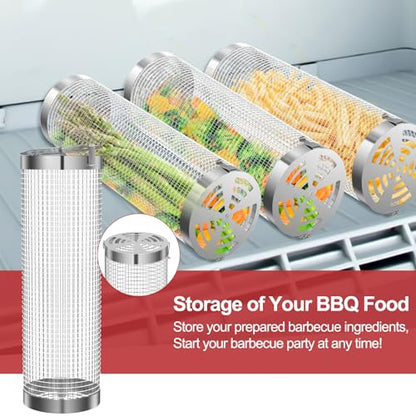 Grill Basket 2 PCS, Rolling Grill Baskets for Outdoor Grill, Grilling Accessories, Stainless Steel BBQ Net Tube Baskets with Oil Sprayer for Veggies, Shrimp, Grilling Gifts for Men