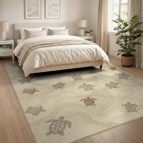 8'x10' Washable Beachy Sea Turtle Large Rug, Beige Non-Shedding Pet Friendly Carpet for King Size Bedroom, Master Suite, Under Bed, Foldable Easy Care Mat | Ref:1955151 - color: Beige/Pattern 21, size: 8' x 10' (Rectangular)