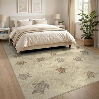 8'x10' Washable Beachy Sea Turtle Large Rug, Beige Non-Shedding Pet Friendly Carpet for King Size Bedroom, Master Suite, Under Bed, Foldable Easy Care Mat | Ref:1955151 - color: Beige/Pattern 21, size: 8' x 10' (Rectangular)