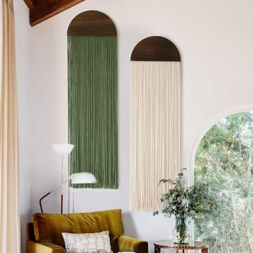 Flber 2 Pcs Macrame Wall Hanging Boho Decor Wall Tapestry Handmade Round Tassel 13.7" W x 51" L For Living Room Bedroom Headboard Decor - color: Ivory and Green