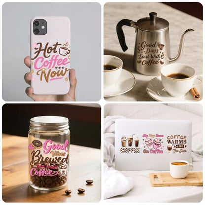 Peacoblue 18 Sheets Rub on Transfers for Crafts, Coffee and Words 3.6"x3.9" UV DTF Cup Wraps Waterproof Rub on Cold Transfers Stickers for Wood Glass Metal Cup Tumblers Mirrors Mugs Home Decor - style: Coffee and Words