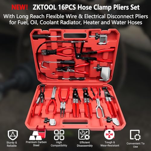 16PCS Hose Clamp Pliers Set, Professional Removal & Installation Tool Kit with Long Reach Flexible Wire & Electrical Disconnect Pliers for Fuel, Oil, Coolant Radiator, Heater and Water Hoses