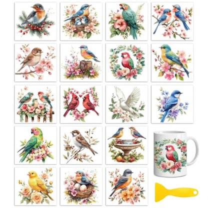 Peacoblue 18 Sheets Rub on Transfers for Crafts, Birds 3.6"x3.9" UV DTF Cup Wraps Waterproof Rub on Cold Transfers Stickers for Wood Glass Metal Cup Tumblers Mirrors Mugs Home Decor - style: Birds