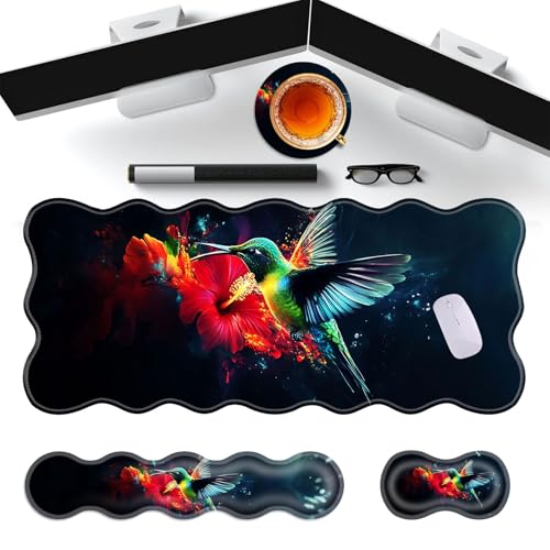Large Gaming Mouse Pad, Keyboard Wrist Rest Pad & Wrist Support Mousepad Set, Stitched Edge, Extended, Non-Slip Base, Memory Foam Desk Mat for Office, Home,Colorful Hummingbird and Flower - color: Colorful Hummingbird and Flower