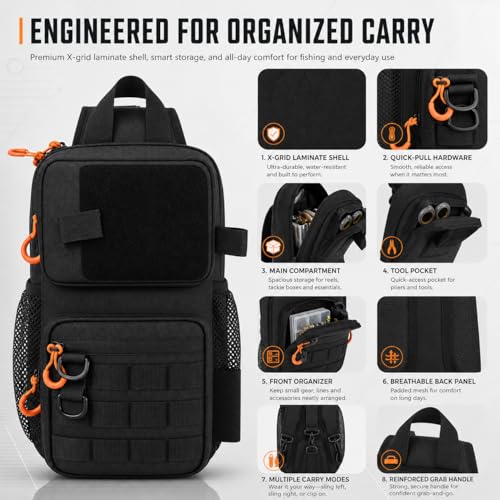 X-PAC Fishing Sling Bag 6L Waterproof Crossbody Tackle Pack with Rod Holder