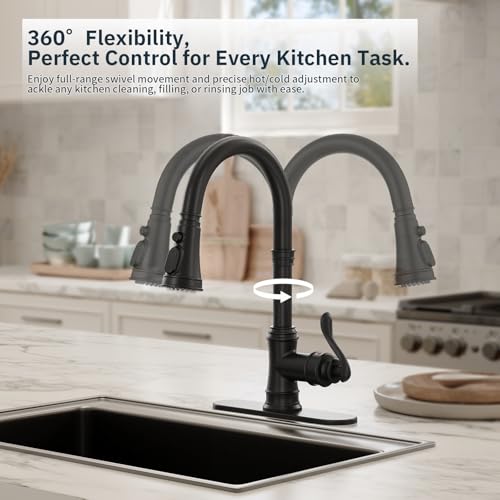 BWE Black Kitchen Faucet with Pull Down Sprayer, Solid Brass High Arc Single Handle Sink Faucet for Farmhouse Kitchen, 3 Spray Modes