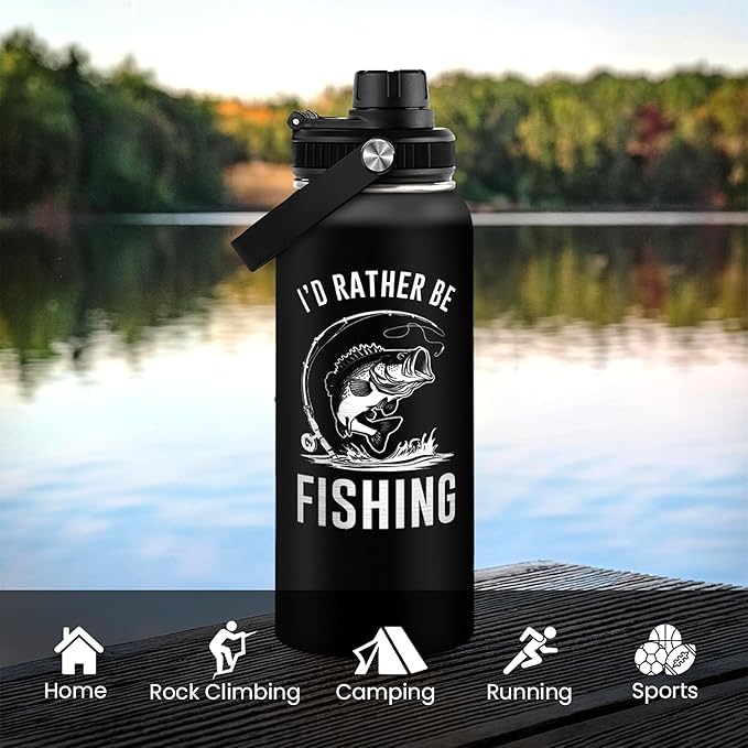 Fishing Insulated Engraved Stainless Steel Water Bottle 32oz, Vacuum Chug Lid Travel Tumbler for Men Friends Dad Grandpa Fisherman, I'd Rather Be Fishing, Birthday Christmas Father's Day - color: Fishing 2