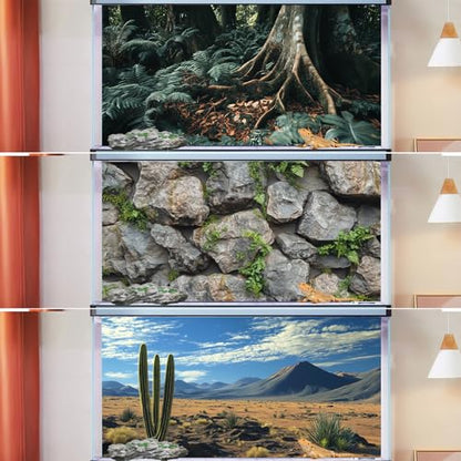 3 Pack Terrarium Background, 30x18 inches Polyester Reptile Background, Cloth Terrarium Background, Tropical Green Tree Fern & Gobi Desert Sunshine Cactus Rock Terrarium Background - size: 30x18 Inch