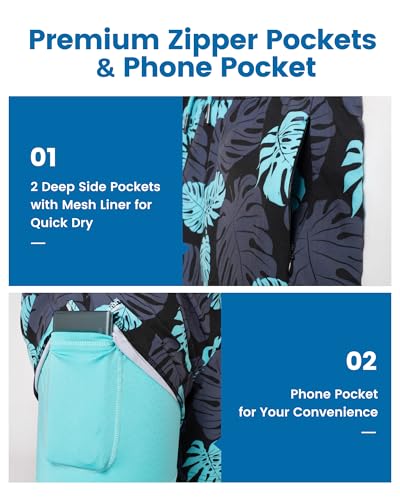 maamgic Mens Swim Trunks with Compression Liner 5 Inch, Quick Dry Bathing Suit with Zipper Pockets, No-Chafing Swim Shorts - color: Black-lake Blue Leaves, size: Large