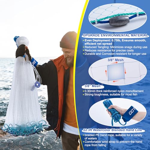 Goture American Fishing Cast Net Saltwater Freshwater, Heavy Duty Sinker, Dual Color Double Selvage, Increased Cast Net Area, 3/8 Mesh Fish Throw Cast Net with Needle for Shrimp Trap, 6Ft Radius