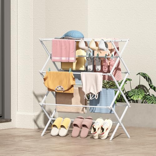 KINGBOARD 3-Tier Extendable Clothes Drying Rack, Small & Foldable, White | 37.4"H x 33.8"W x 11.2"D, Space-Saving Collapsible, Easy Assembly, Rust-Resistant Iron Frame, Indoor Outdoor Use, 25lb - color: White