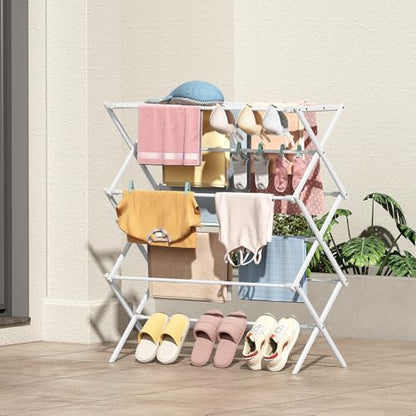 KINGBOARD 3-Tier Extendable Clothes Drying Rack, Small & Foldable, White | 37.4"H x 33.8"W x 11.2"D, Space-Saving Collapsible, Easy Assembly, Rust-Resistant Iron Frame, Indoor Outdoor Use, 25lb - color: White