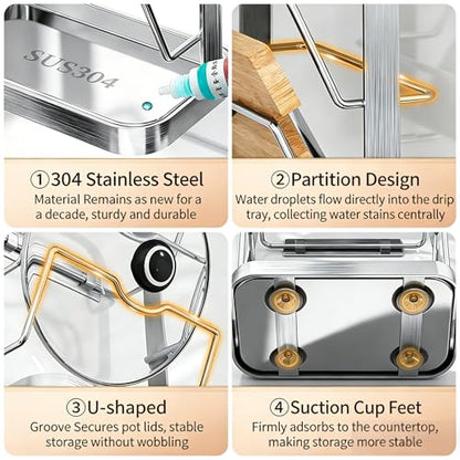 Pot Lid Holder & Spoon Rest – Countertop Organizer for Lids, Spoon, Spatulas, Cutting Board – Stove Top Stand with Removable Drip Tray, 304 Stainless Steel, 2-Tier