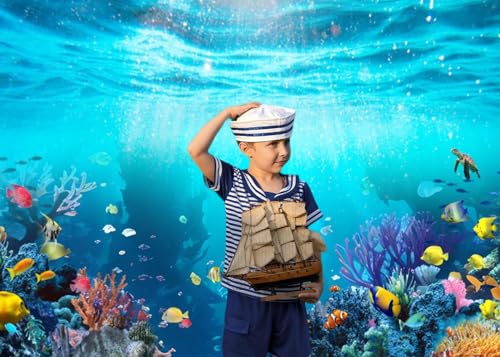 Under The Sea Backdrop 7x5ft Underwater World Blue Ocean Deep Sea Sunlight Seabed Aquarium Photography Background Tropical Fish Turtle Coral Diving Birthday Party Photo Studio Props