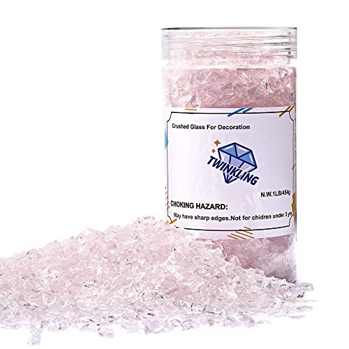 TWINKLING High Luster Fire Glass Gravel Stone Glitter,Broken Glass,Fire Gems Chips,Crushed Glass for Fire Pit Crafts Resin Art Aquarium Garden Decoration,3-6mm,1-Pound Jar (Pink) - color: Pink