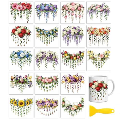 Peacoblue 18 Sheets Rub on Transfers for Crafts, Colorful Floral Garland 3.6"x3.9" UV DTF Cup Wraps Waterproof Rub on Cold Transfers Stickers for Wood Glass Metal Cup Tumblers Mirrors Mugs Home Decor - style: Colorful Floral Garland