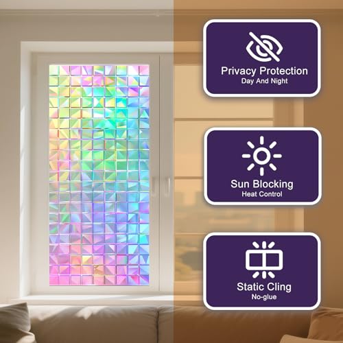Window Privacy Film Iridescent Tint Stained Glass Window Film Decorative Static Cling Non Adhesive Removable Reusable Window Cling for Bathroom Shower Windows Anti Glare UV Blocking 17.7x39.4 Inch