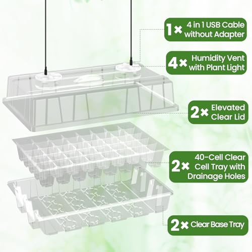 2-Pack Seed Starter Tray with Plant Light, Elevated Seedling Starter Trays Kits with Adjustable Humidity Domes and Clear Cell Tray, 12 Full Spectrum Led Lamp Beads for Plants Indoor-Clear