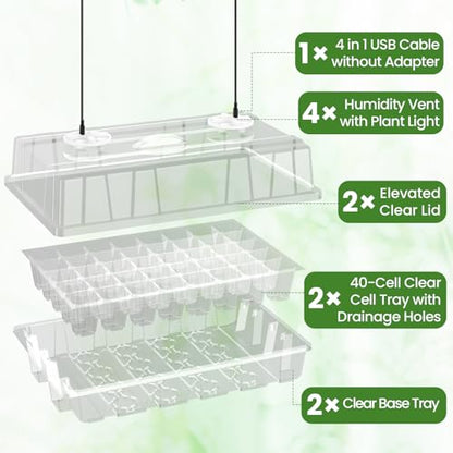 2-Pack Seed Starter Tray with Plant Light, Elevated Seedling Starter Trays Kits with Adjustable Humidity Domes and Clear Cell Tray, 12 Full Spectrum Led Lamp Beads for Plants Indoor-Clear