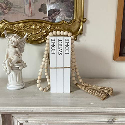 Decorative Books for Home Decor, White Faux Books for Decoration, Rustic Farmhouse Stacked Display Books with 52in Wood Bead Garland for Coffee Tables Living Room, (Home Sweet Home) - style: Home Sweet Home