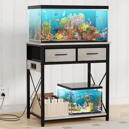 20-29-37 Gallon Fish Tank Stand with Power Outlet, Heavy Duty Metal Aquarium Stand with Two Storage Drawers for Fish Tank Accessories Storage, Perfect for Turtle Tank, Reptile Terrarium, Grey