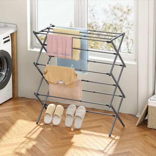 KINGBOARD 3-Tier Extendable Clothes Drying Rack, Small & Foldable, Grey | 37.4"H x 33.8"W x 11.2"D, Space-Saving Collapsible, Easy Assembly, Rust-Resistant Iron Frame, Indoor Outdoor Use, 25lb - color: Gray