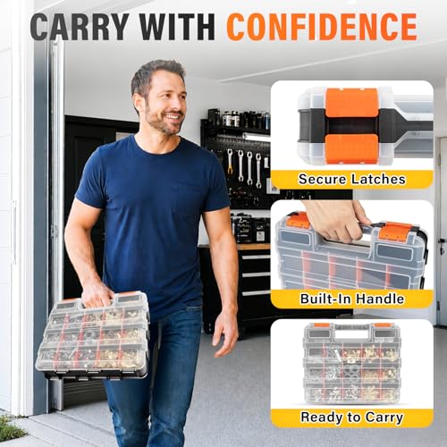 DIYSELF Tool Box Double-Sided, 34-Compartment Tool Organizer, Small Parts Organizer with Adjustable Space, Clear-Lid Small Storage Box for Hardware, Crafts, Beads, Jewelry and Fishing Accessories